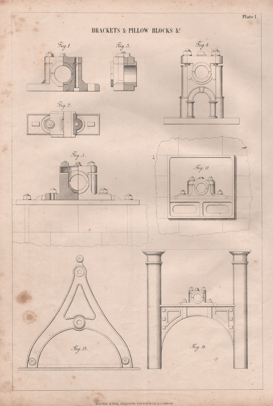 VICTORIAN ENGINEERING DRAWING. Brackets & pillow blocks &c. (1) 1847 old print